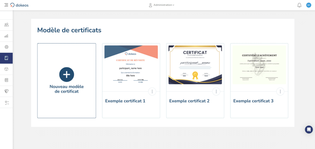 Ecran Dokeos LMS - Modèles de certificats