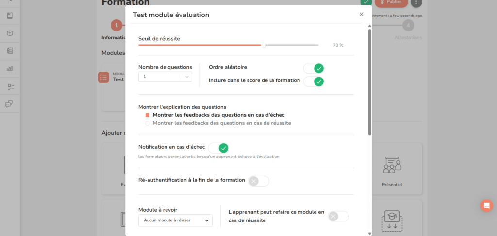 Ecran Dokeos LMS - Paramétrage enquête