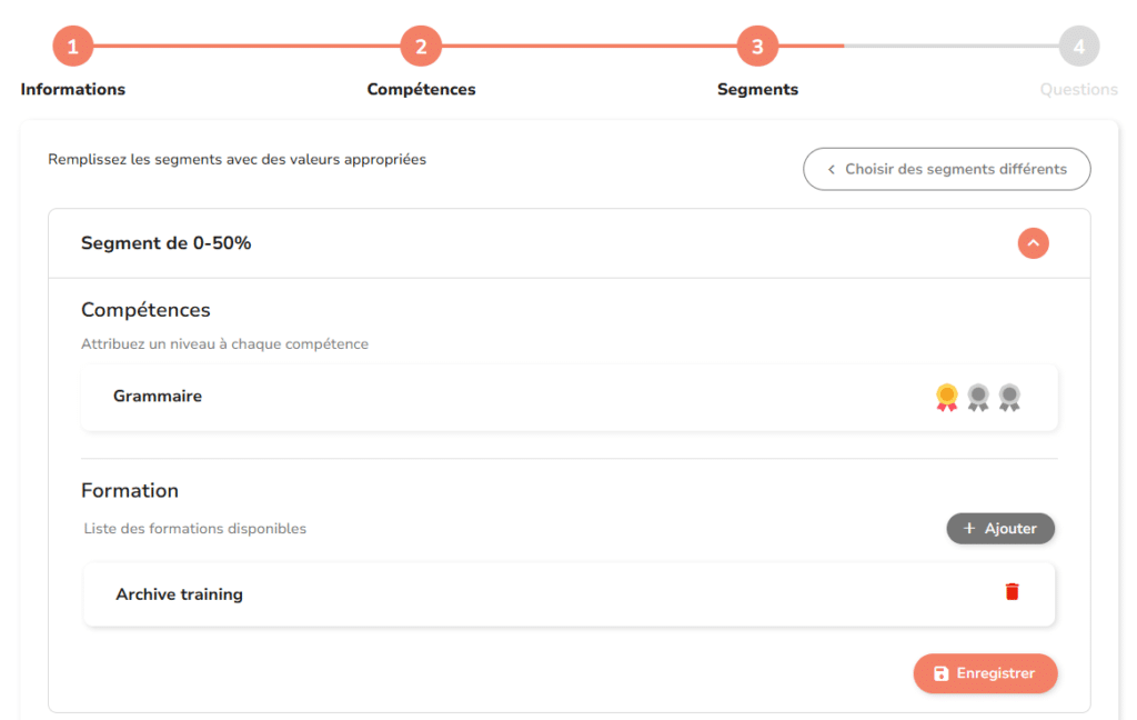 Ecran Dokeos LMS - Test de positionnement configuration