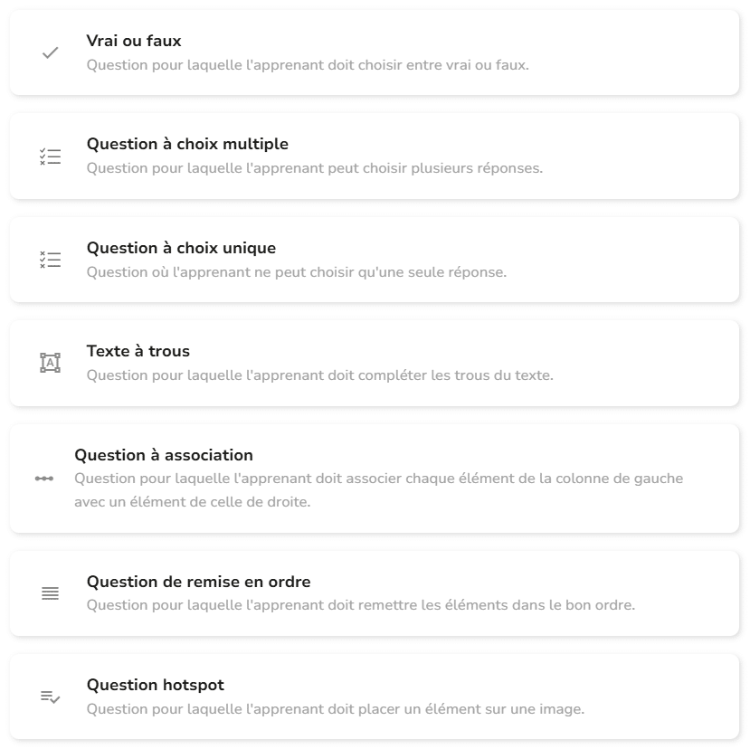 Ecran Dokeos LMS - Type de question d'évaluation